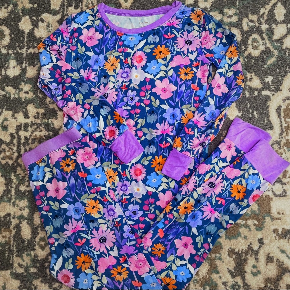 Little Sleepies Bamboo Fiber Blue and Purple Pajama Set with Floral Design